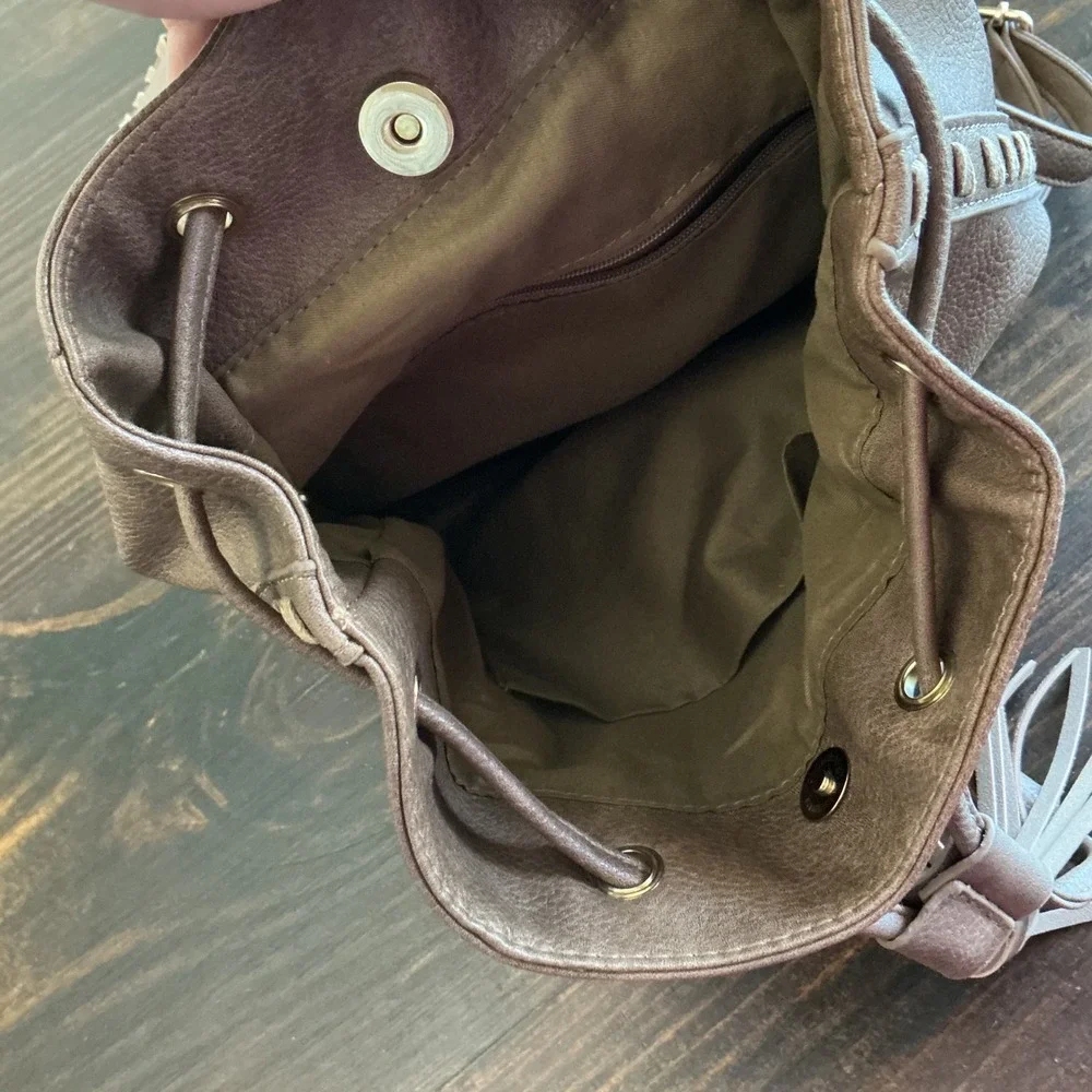 Brown Faux Leather Mini Backpack Tassel Whipstitch Boho Drawstring Bag